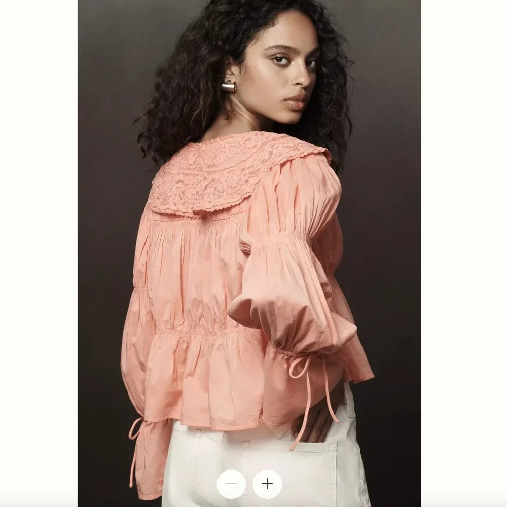 NWT Anthropologie | Bright Coral Pink Collared Babydoll Blouse | Size Small
